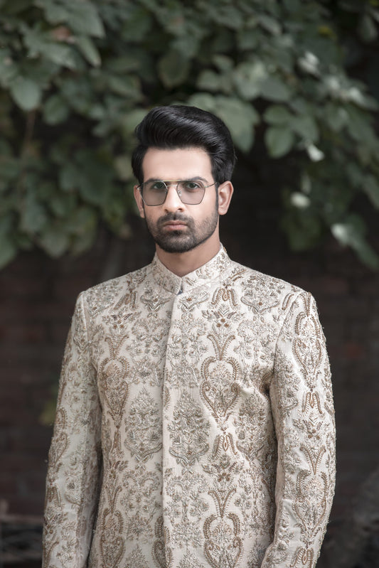 Ivory Gold Embroidered Sherwani – Shoaib Ismail
