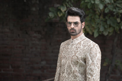 Ivory Gold Embroidered Sherwani – Shoaib Ismail
