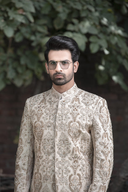 Ivory Gold Embroidered Sherwani – Shoaib Ismail