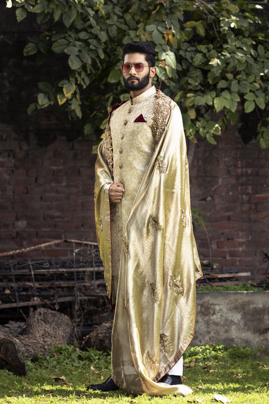 Regal Gold Embroidered Sherwani – Shoaib Ismail