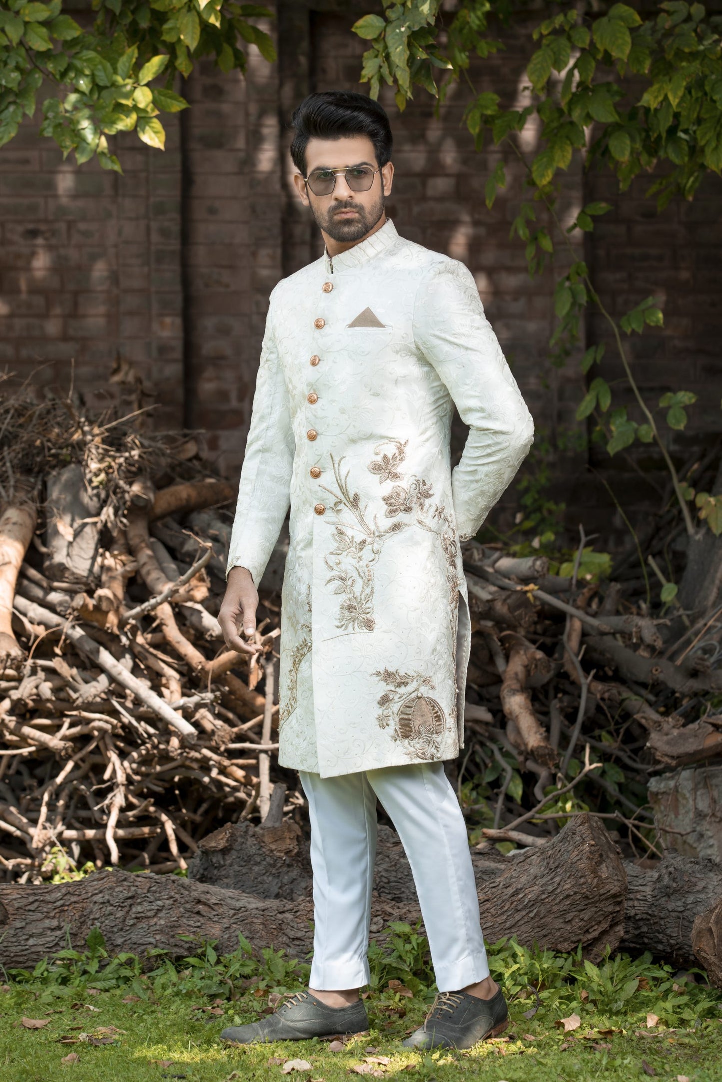 Ivory Gold Embroidered Sherwani – Shoaib Ismail