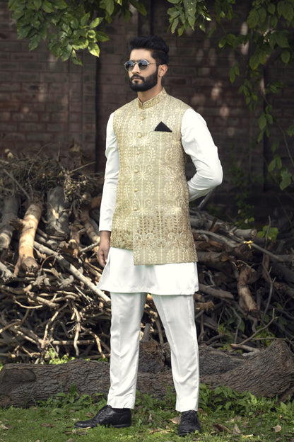 Golden Embroidered Waistcoat – Shoaib Ismail