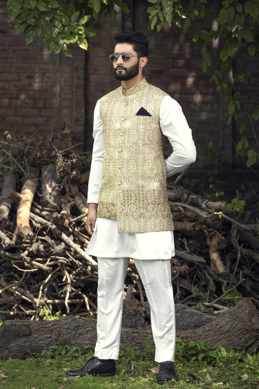 Golden Embroidered Waistcoat – Shoaib Ismail