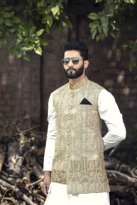 Golden Embroidered Waistcoat – Shoaib Ismail
