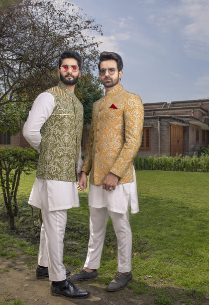 Shoaib Ismail – Mustard Gold Embroidered Sherwani