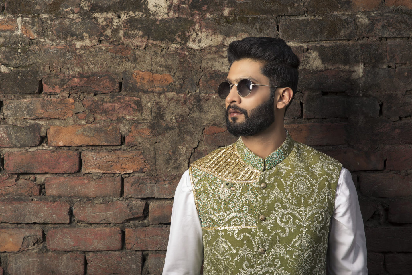 Shoaib Ismail – Olive Green Embroidered Waistcoat