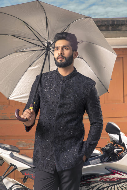 Regal Black Embroidered Prince Coat – Shoaib Ismailc