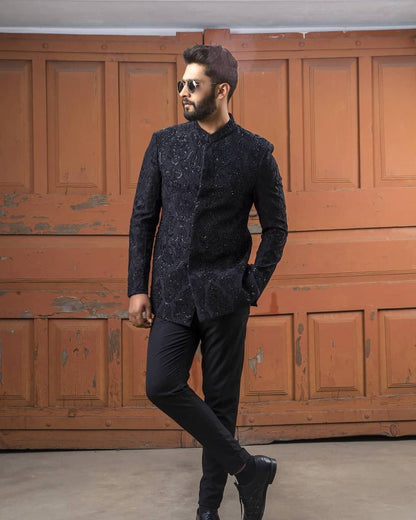 Regal Black Embroidered Prince Coat – Shoaib Ismailc