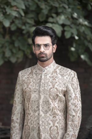 Ivory Gold Embroidered Sherwani – Shoaib Ismail