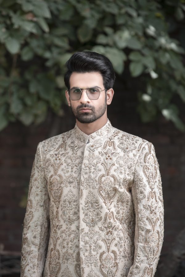 Ivory Gold Embroidered Sherwani – Shoaib Ismail