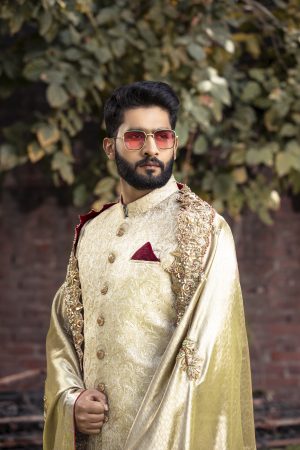 Regal Gold Embroidered Sherwani – Shoaib Ismail