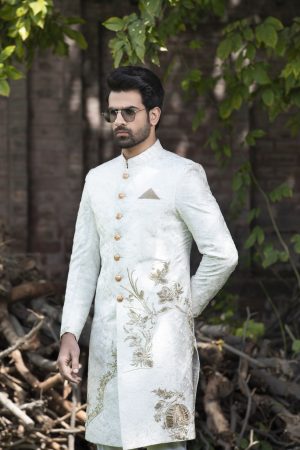 Ivory Gold Embroidered Sherwani – Shoaib Ismail