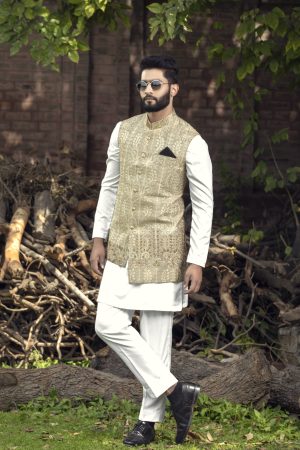 Golden Embroidered Waistcoat – Shoaib Ismail
