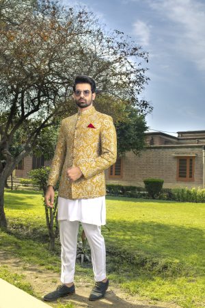 Shoaib Ismail – Mustard Gold Embroidered Sherwani