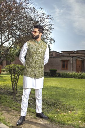 Shoaib Ismail – Olive Green Embroidered Waistcoat
