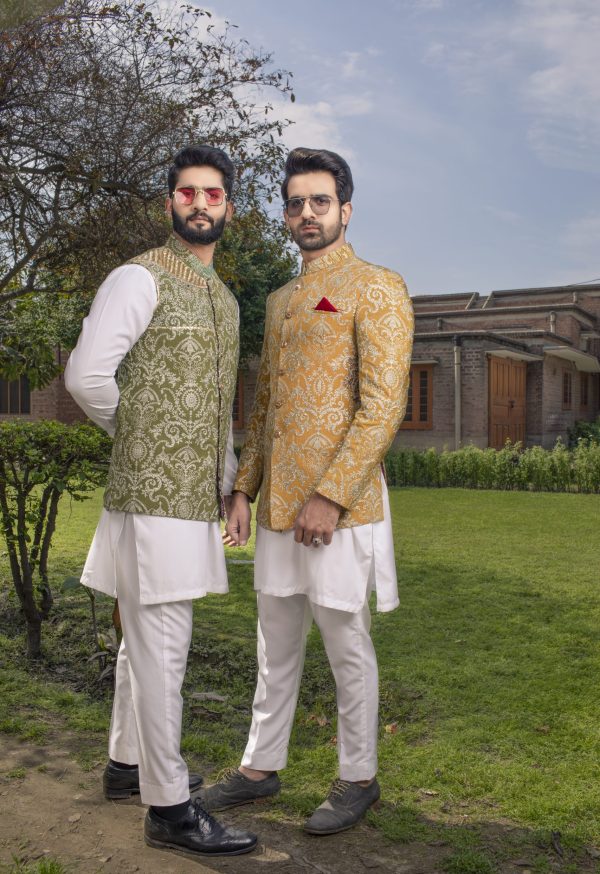 Shoaib Ismail – Mustard Gold Embroidered Sherwani - Image 4