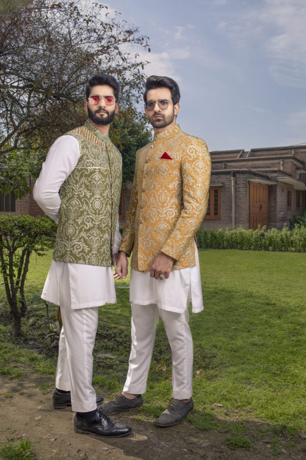 Shoaib Ismail – Olive Green Embroidered Waistcoat - Image 2