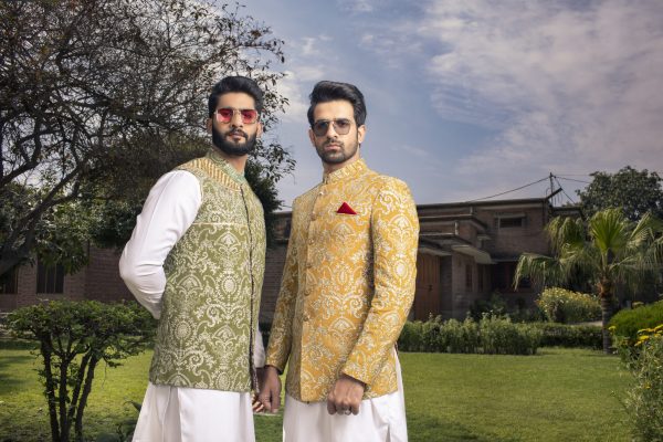 Shoaib Ismail – Mustard Gold Embroidered Sherwani - Image 5