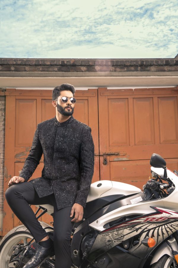 Regal Black Embroidered Prince Coat – Shoaib Ismail - Image 4