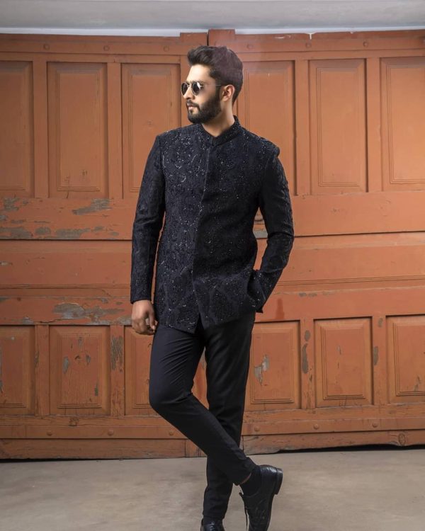 Regal Black Embroidered Prince Coat – Shoaib Ismail - Image 2