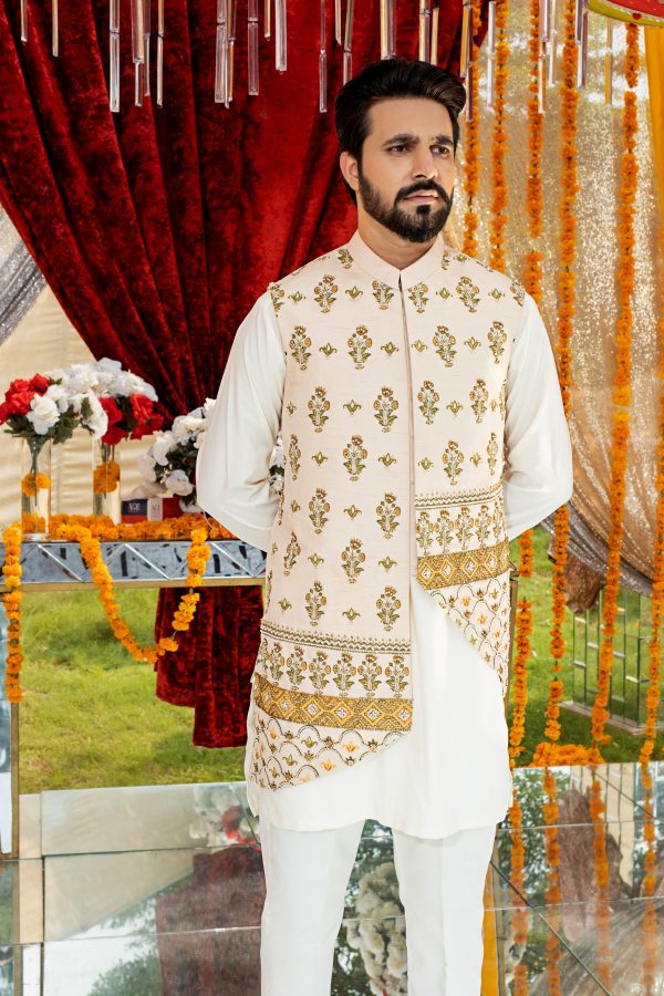 Men’s Ivory Embroidered Waistcoat - Image 2